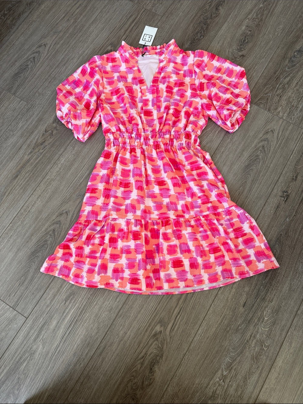 THML Pink & Coral Brushstroke Tiered Mini Dress